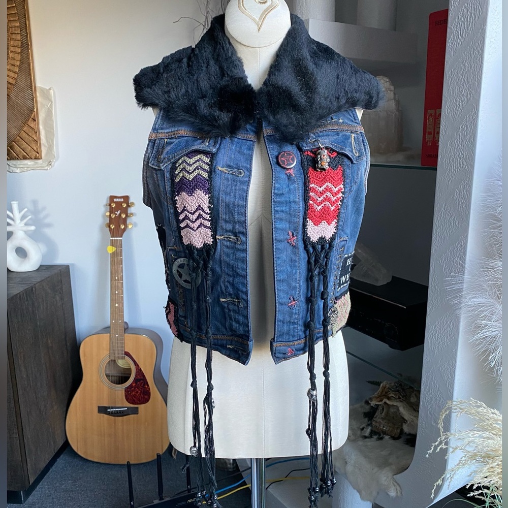 Custom Denim Fur Biker Patches Fringe Vest festival metal goth agatha blois NYC - Picture 5 of 16